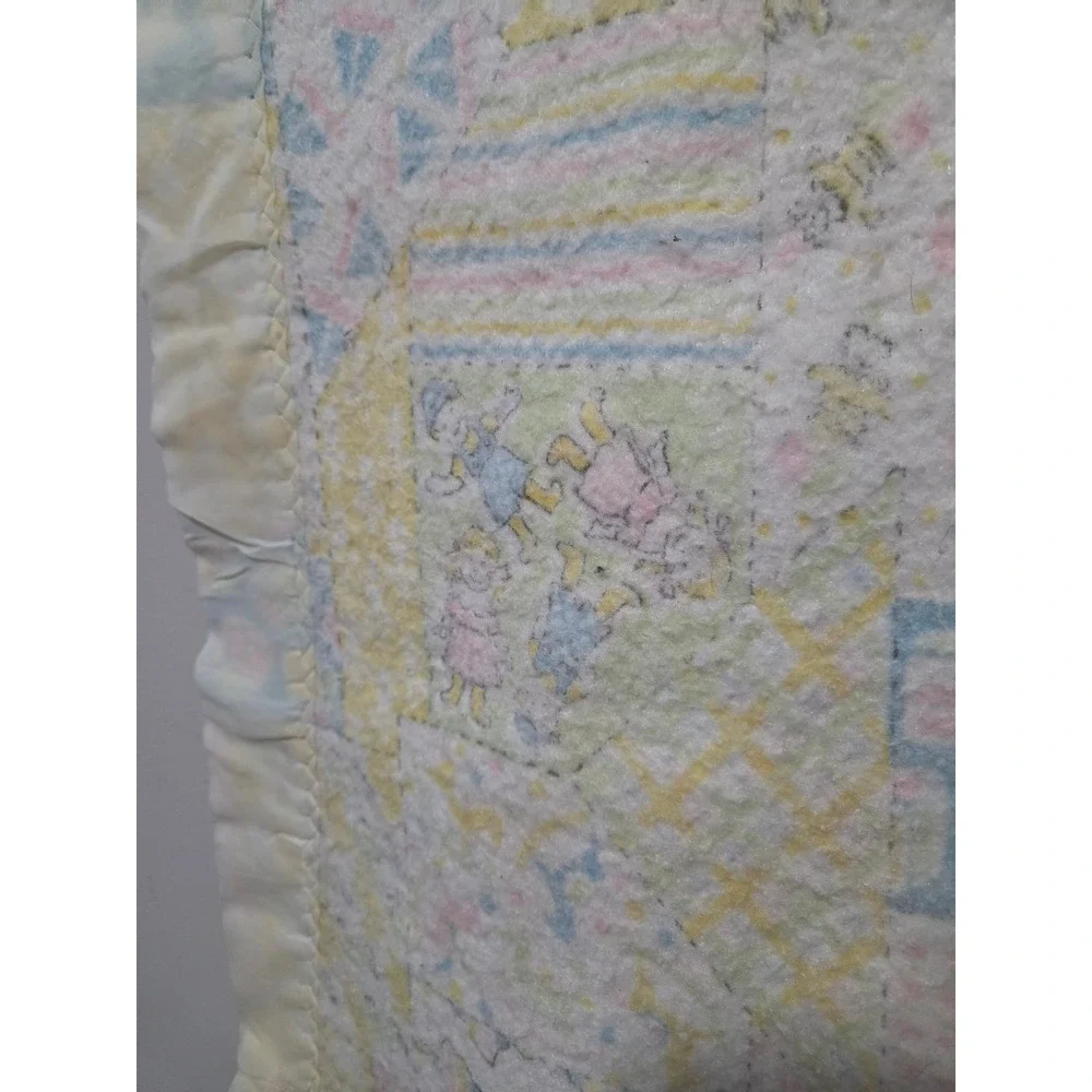 Vintage Handmade Patchwork Baby Quilt Pastel Nursery Blanket Satin Trim Fair